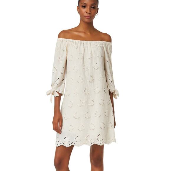 Valentina Naldi Dresses & Skirts - Valentina Naldi Cotton Off-the-Shoulder Eyelet Dress in Oatmilk size Small NWT